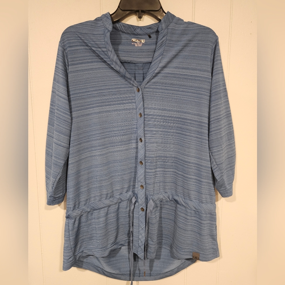 OGIO  Ruched 3/4 Sleeve Shirt Womens Large Blue Drawstring Waist Back Pleat